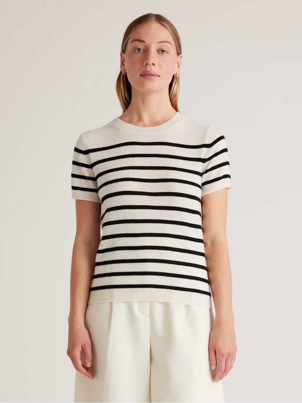 Quince 100% Mongolian Cashmere Short-Sleeve Sweater Tee in Ivory/Black Stripe, s